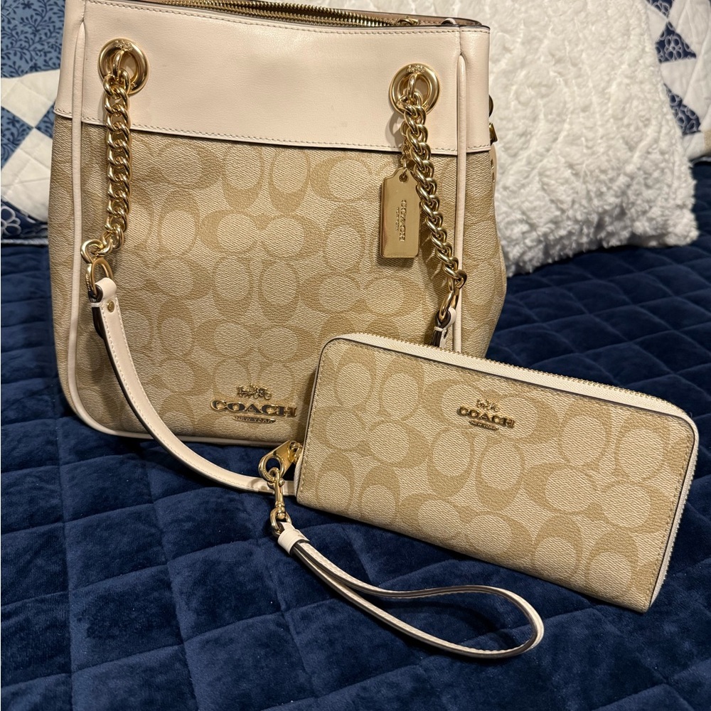 Coach Cream and Tan Signature Shoulder Bag and Wallet